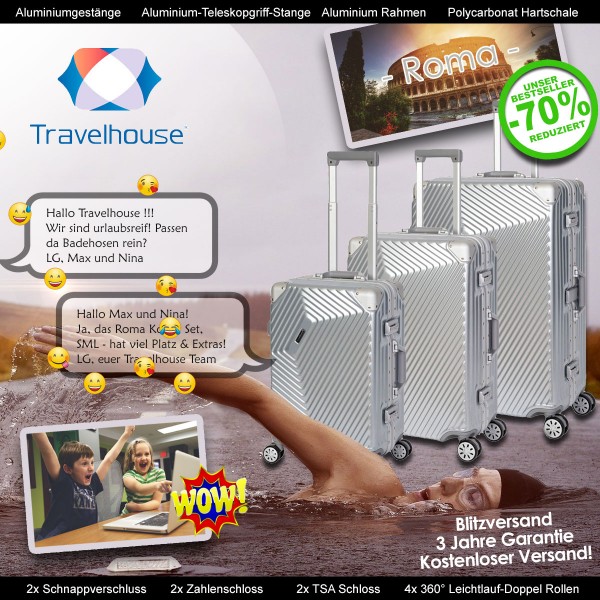 Travelhouse Roma 3er Kofferset S, M, L, Silber, Polycarbonat Hartschale, Alu-Rahmen