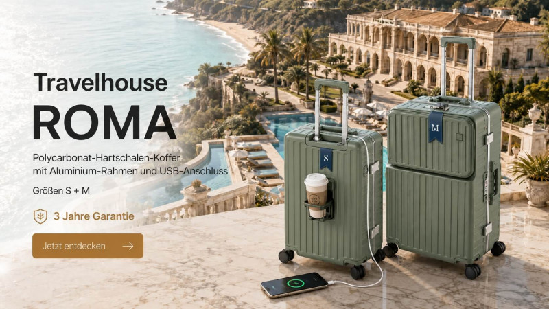 Travelhouse Premium Koffer Serie "Roma" - Bequem - USB, Kaffehalter, Vorderfach.