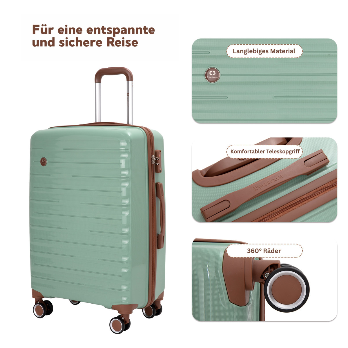 Travelhouse Ascona 5-teiliges Kofferset – Leichtes Hartschalen-Gepäck Mit 360° Rollen, TSA-Schloss & Reisetasche – Sicher & Praktisch Unterwegs